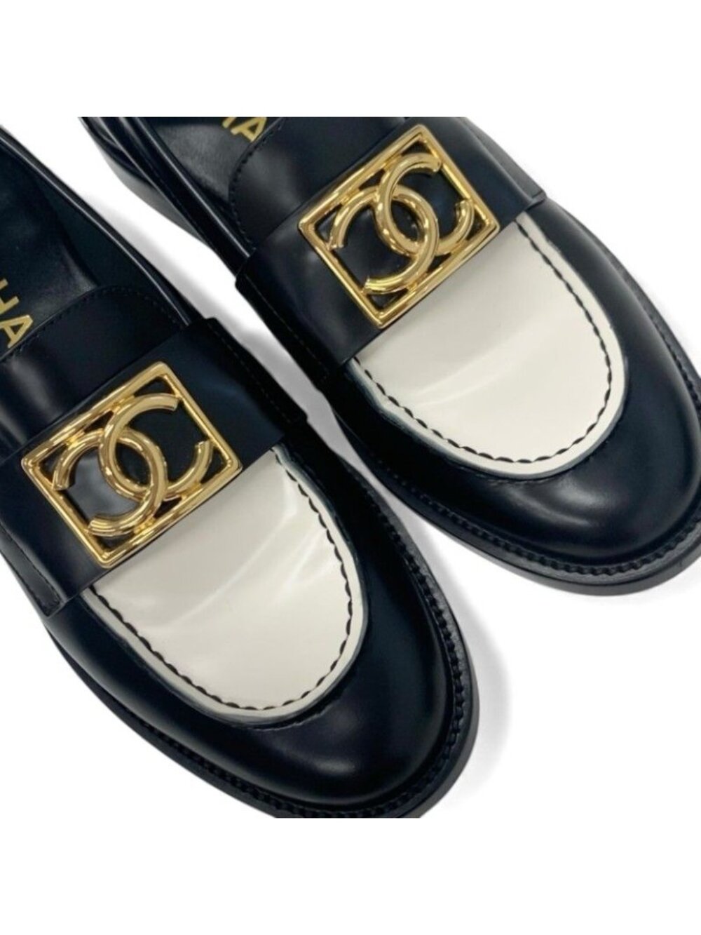 Chanel Loafers Shoes Leather Black White Gold Coco Mark Flat - Picture 10 of 11